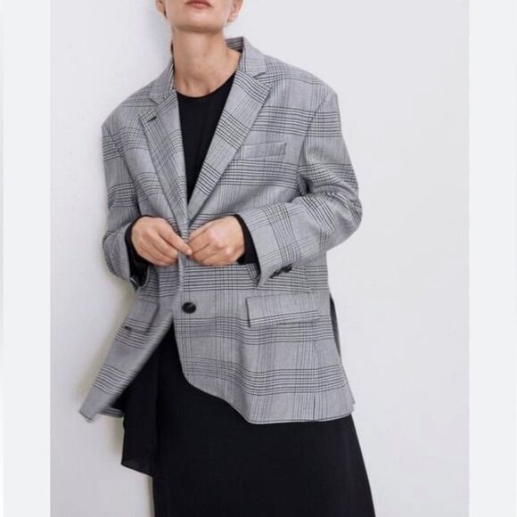 ZARA gray plaid oversized blogger favorite blazer women’s size small - Picture 2 of 15